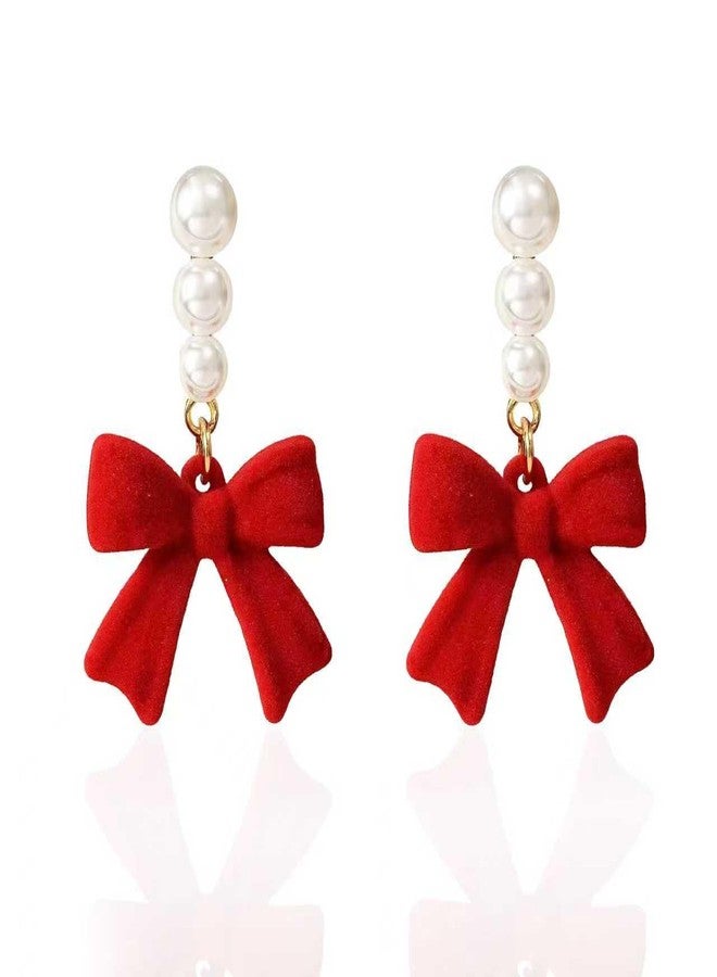 ecozran Christmas Bow Earrings for Women Sparkling Red Pearl Drop Dangle Earrings Hypoallergenic Anniversary Elegant Jewelry Gift for Women(S-Christmas1) - Image 1